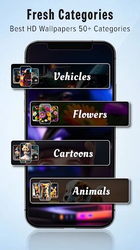 Wallpaper Categories Browser - Filter designs by theme: Vehicles, Flowers, Cartoons, Animals