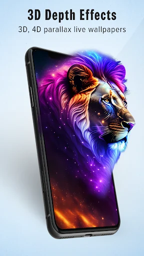 Smartphone with 3D depth parallax lion wallpaper featuring cosmic purple, blue and orange gradient effects