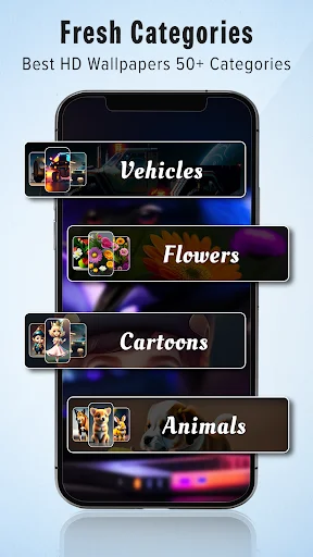 Wallpaper categories interface with category cards for vehicles, flowers, cartoons and animals from 50+ HD collections