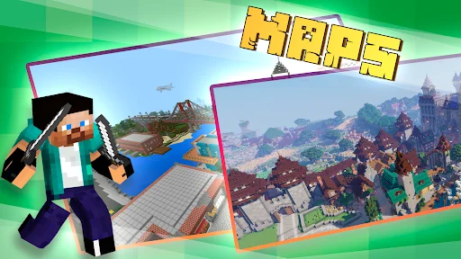 Master Addons for Minecraft app Maps section displaying featured Minecraft maps with character avatar and landscape preview tiles