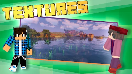 Master Addons for Minecraft app Textures section showing texture pack options with characters and landscape visualization preview