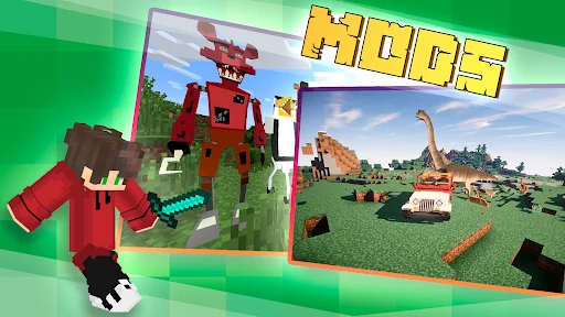 Master Addons for Minecraft app Mods section featuring Minecraft modifications with character avatar and various mod creatures and additions