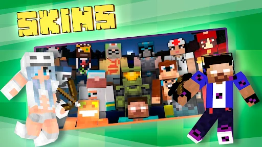 Master Addons for Minecraft app Skins section showcasing diverse customizable player character skins in pixelated Minecraft style