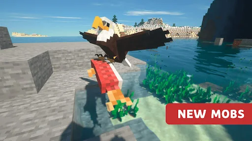 Minecraft PE New Mobs addon showing flying parrot and colorful block creatures