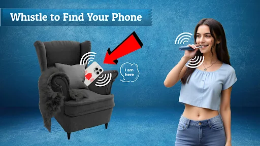 Whistle to Find Your Phone feature - Woman whistling to trigger phone alert on furniture with audio detection