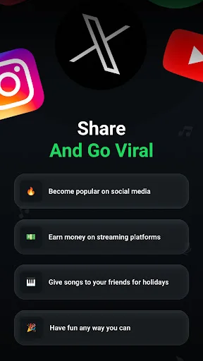 Song distribution options for sharing AI-generated music on social platforms and earning revenue streams