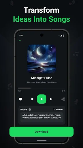 AI song player interface displaying generated music track with playback controls and download functionality