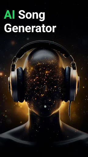 AI Song Generator splash screen showcasing app branding with headphones and glowing particle effects