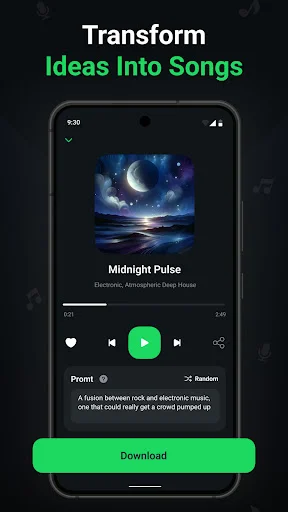Music playback screen for AI-generated songs with player controls, favorites, and download options available