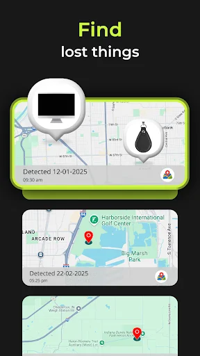Find lost things: AirTag location tracker displaying multiple detected devices on interactive maps with timestamps
