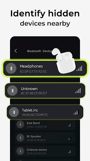 Identify hidden devices nearby: Bluetooth device list showing headphones, tablets, and unknown devices with signal strength indicators