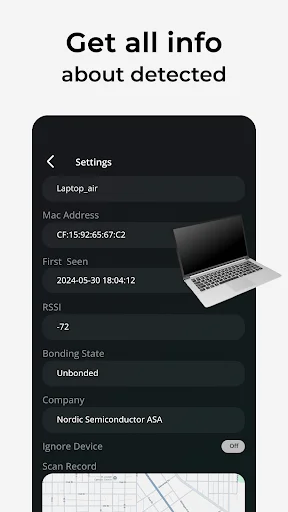 Get all info about detected: Comprehensive device settings panel displaying Mac address, RSSI, bonding state, and company information