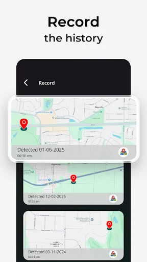 Record the history: Detection history interface showing multiple mapped locations where devices were found with date timestamps