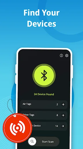 Find Your Devices: Bluetooth scanner showing 24 devices found categorized into Air Tags, Other Tags, and Bluetooth devices with scan button