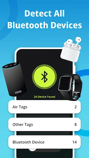 Detect All Bluetooth Devices: Bluetooth detection interface displaying 24 total devices organized by Air Tags, Other Tags, and Bluetooth device categories