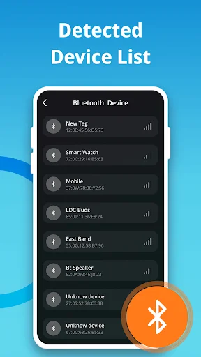Detected Device List: Comprehensive Bluetooth device listing showing New Tag, Smart Watch, Mobile, LDC Buds, and other devices with signal indicators