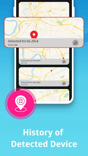 History of Detected Device: Timeline view of detection locations on maps showing multiple device discoveries with exact dates and times