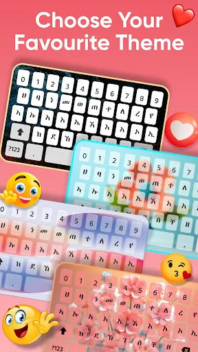 Amharic Keyboard theme selection showing multiple colorful keyboard designs including white, cyan, purple, and pink themes with Amharic character layouts