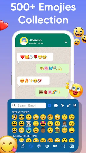 500+ Emojis Collection interface with emoji search bar, recently used emoji section, smileys and emotions category for Amharic messaging keyboard app