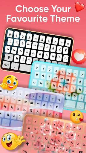 Amharic Keyboard theme selection displaying multiple customizable color options: black, light blue, purple, and pink themes