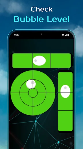 Spirit bubble level tool displaying horizontal and vertical alignment indicators for dish installation