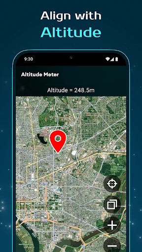 Altitude meter showing elevation data and GPS location map with pin for dish alignment positioning