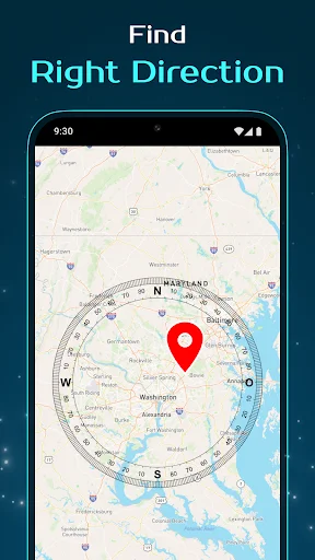 Compass direction finder with cardinal directions overlay on map for satellite signal alignment