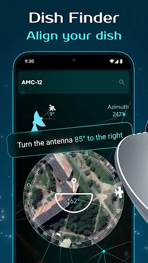Dish Finder satellite alignment compass with azimuth 247° and elevation angle 62° for accurate pointing
