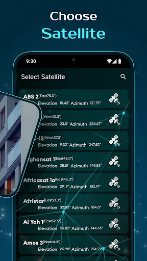 Satellite selection interface listing multiple satellites with elevation and azimuth angle specifications
