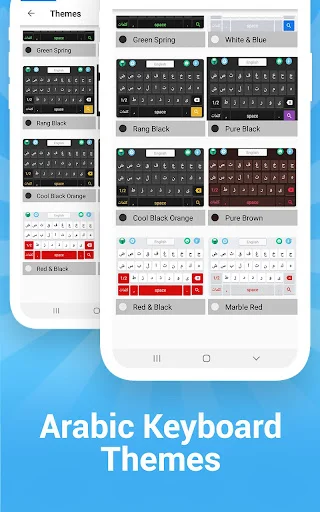 Arabic Keyboard themes gallery showing multiple color scheme options including Dark Spring, Green Spring, Pure Black, and more