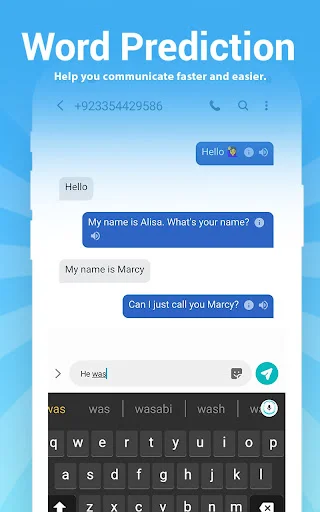 Word Prediction feature in messaging app showing suggested English words displayed above dark keyboard interface