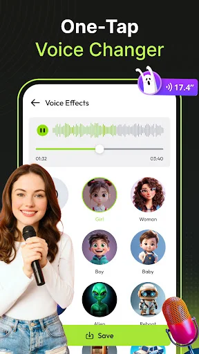 Audio waveform with voice effect avatars: Girl, Woman, Boy, Baby, and character options with Save button for voice changing