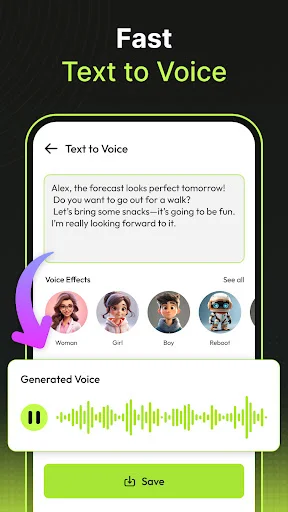 Text-to-voice feature with input text, voice effect avatars (Woman, Girl, Boy, Robot), waveform display, and Save button