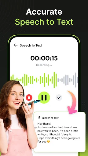 Speech-to-text feature with recording timer, waveform display, record and pause buttons, and text transcription output