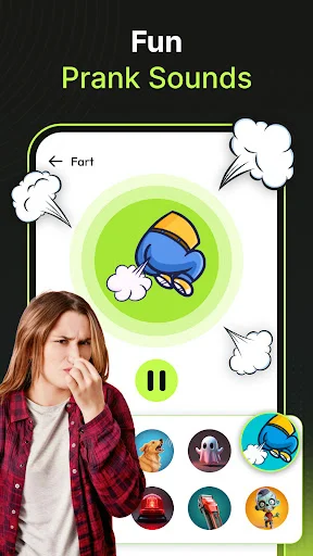 Prank sounds interface with 'Fart' sound highlighted in green circle, multiple sound effect options, and playback controls