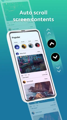 Automatic Scroll app auto-scrolling through social media feed with Popular section, profiles, and images on smartphone