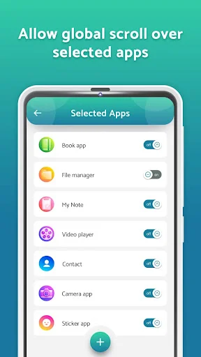 Selected apps list with toggle switches to enable automatic scrolling on individual installed applications
