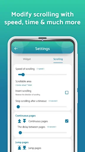 Advanced auto-scroll settings for speed adjustment, scrollable area, timeout, and continuous page options