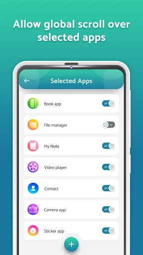 Selected apps list with toggle switches to enable automatic scrolling on individual installed applications