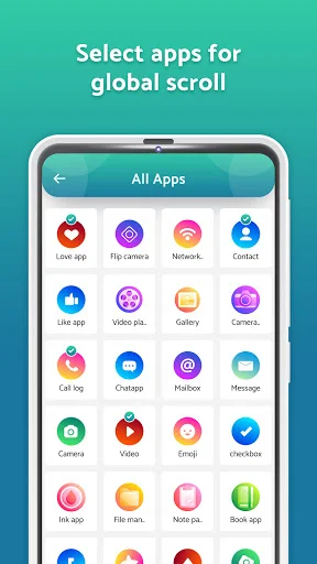 App grid for selecting which applications to enable global automatic scrolling feature on device