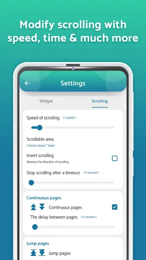 Advanced auto-scroll settings for speed adjustment, scrollable area, timeout, and continuous page options