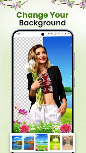 Nature Photo Editor app home screen showing background changing feature with woman photo, transparent original on left, blue sky background on right, and nature background thumbnails below