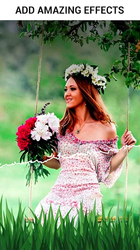 Photo effects enhancement showing woman on swing with flower crown and rose bouquet, green blurred nature background with enhanced editing
