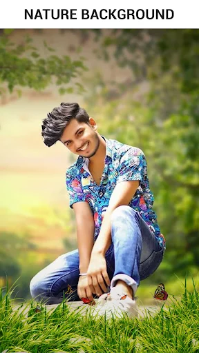 Nature background feature showing woman in casual pose wearing colorful patterned shirt against blurred green outdoor nature environment