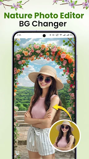 Nature Photo Editor BG Changer interface displaying woman with decorative nature frame border, circular preview thumbnail, and background selection options