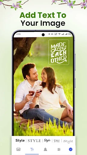 Text editing feature in Nature Photo Editor showing couple in nature with text overlay, text styling options and style menu for customizing text appearance