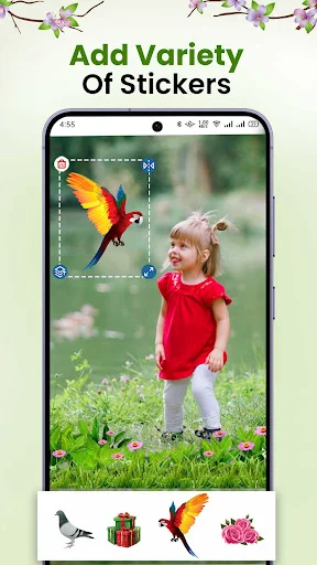 Sticker feature interface with young child photo, colorful animal and gift stickers applied, nature-themed sticker library displayed with selection options