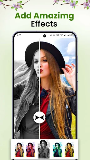 Effects editing panel showing woman's portrait split with grayscale and colored color effects, colorful effect filter thumbnails for photo enhancement