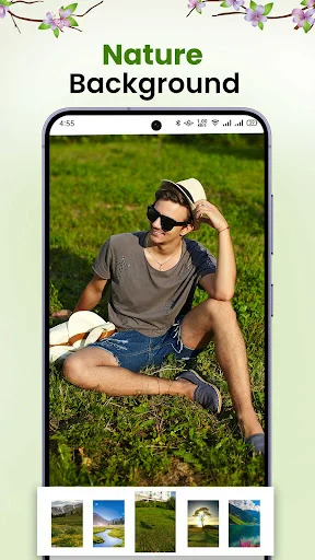 Nature background selection screen showing man in casual pose with green grass background, nature and landscape background options below