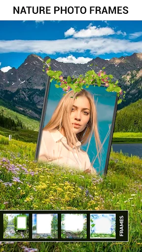 Nature photo frame example with woman portrait in decorative botanical frame, mountain scenic background, vertical frame option thumbnails on right